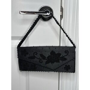 Vintage Clutch Bag Black Beaded and Sequined Evening Hand Made In Hong Kong